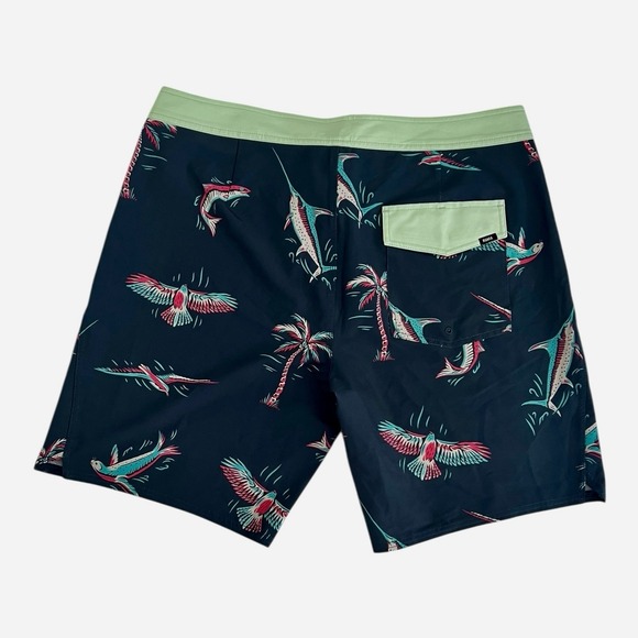 Roark Revival Swim Trunks Men's Medium Navy Tropical Fish Palm Tree Board Shorts - Picture 2 of 2